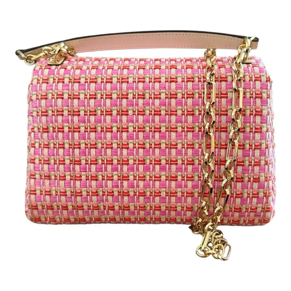 Kate Spade Carlyle Raffia Tweed Medium Shoulder Bag Chain Strap Pink